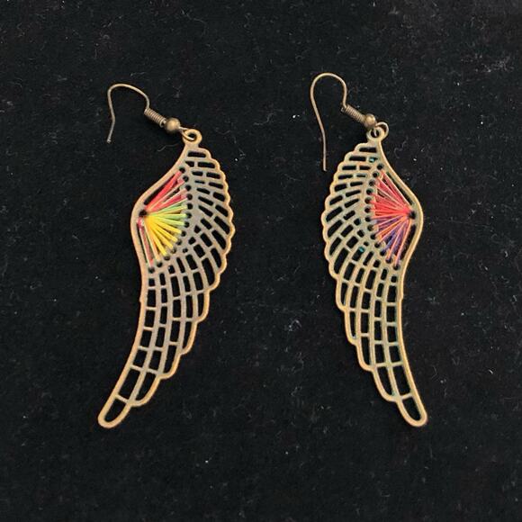 Bohemian Feather Wing Colored Beads And Green Patina On Brass Earrings - Picture 6 of 12